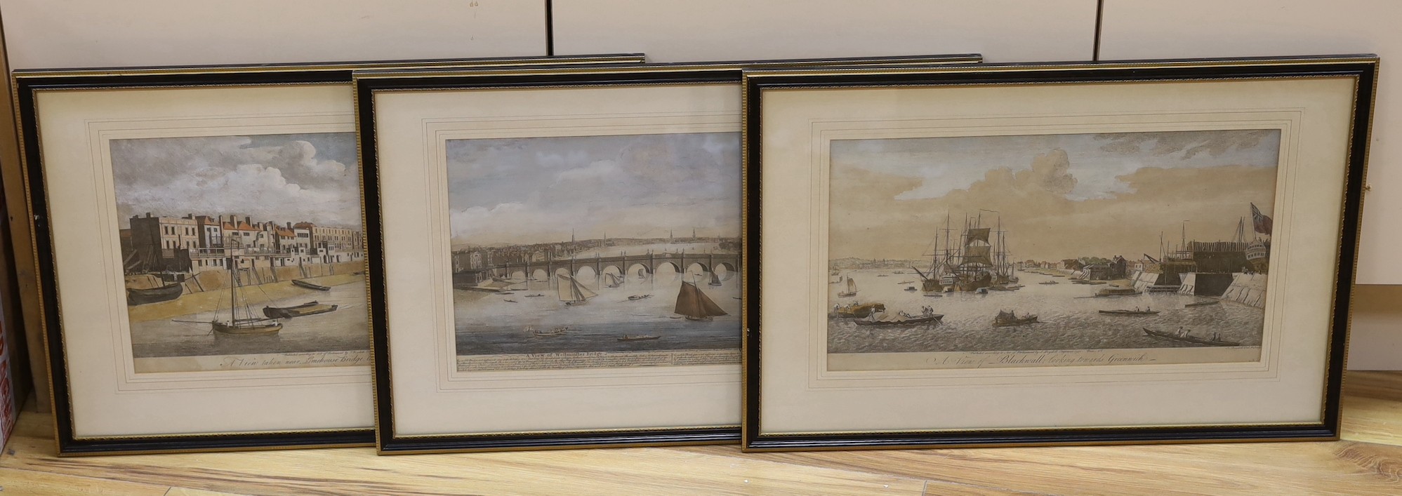 John Boydell, three hand coloured engravings, 'A view near Limehouse Bridge', 'Westminster Bridge' and 'Blackwall', 23 x 41cm